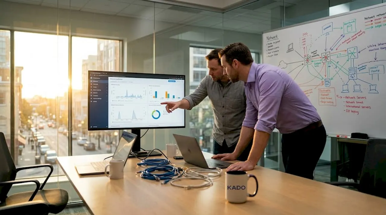 IT staff review secure network dashboard in office