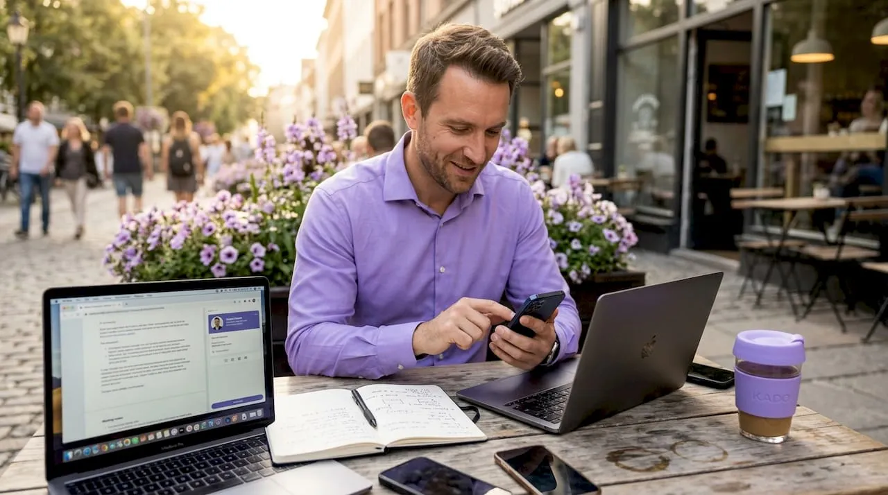 Professional shares digital business card at cafe table