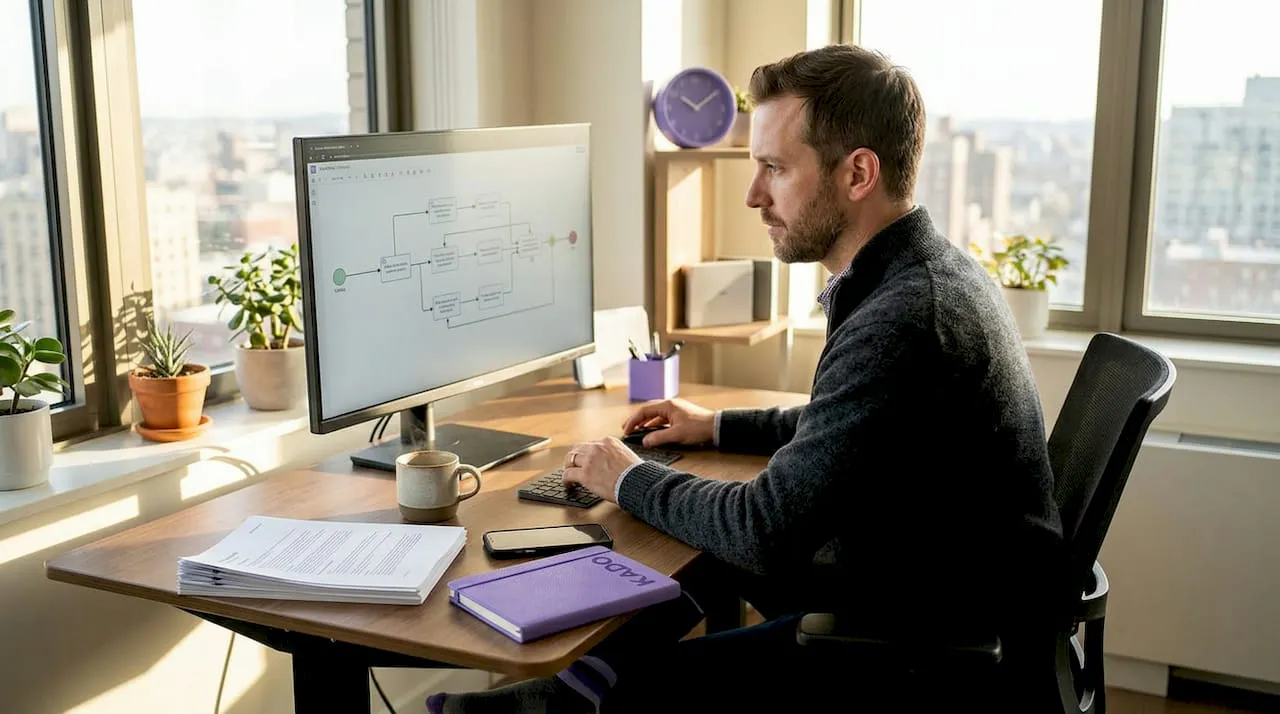 Businessman reviewing automation workflow on monitor