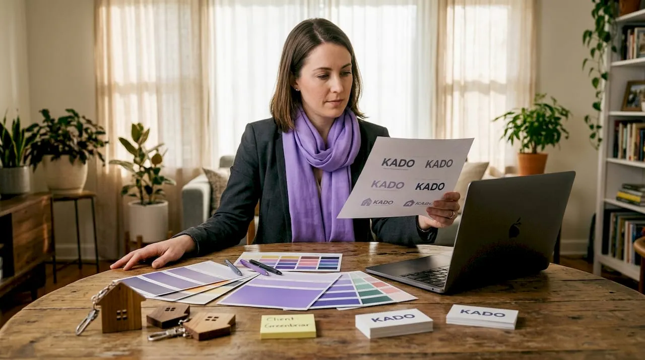 Agent reviewing logo designs at desk