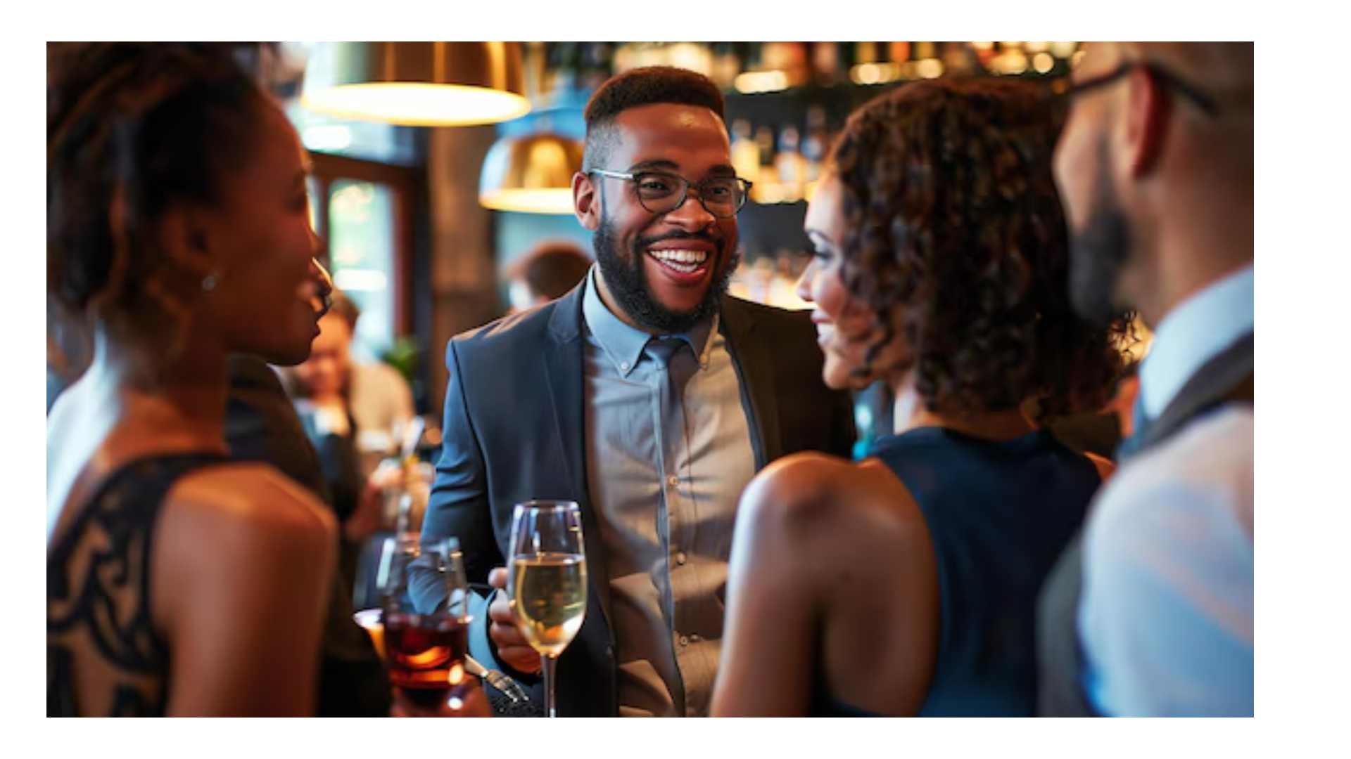 Professional networking at a conference afterparty