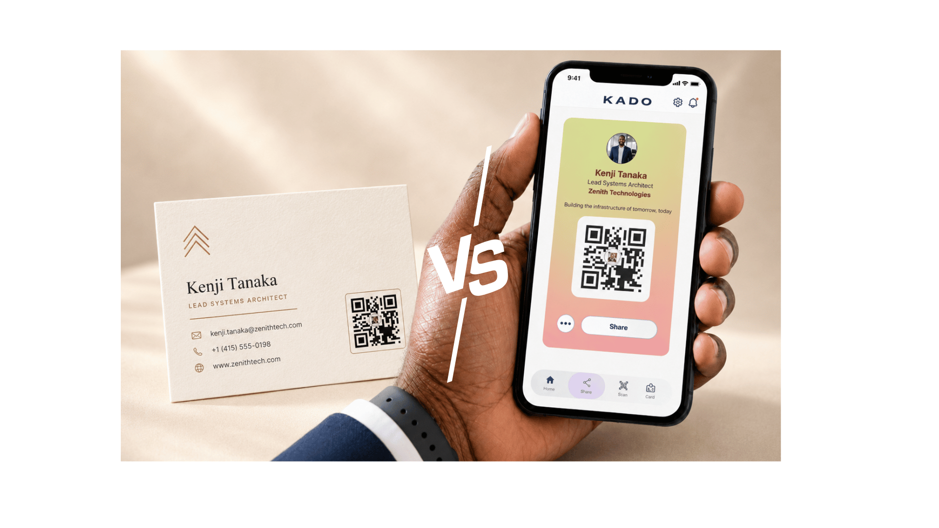  Side-by-side mockup of a paper business card with QR code and a KADO digital card on a phone |