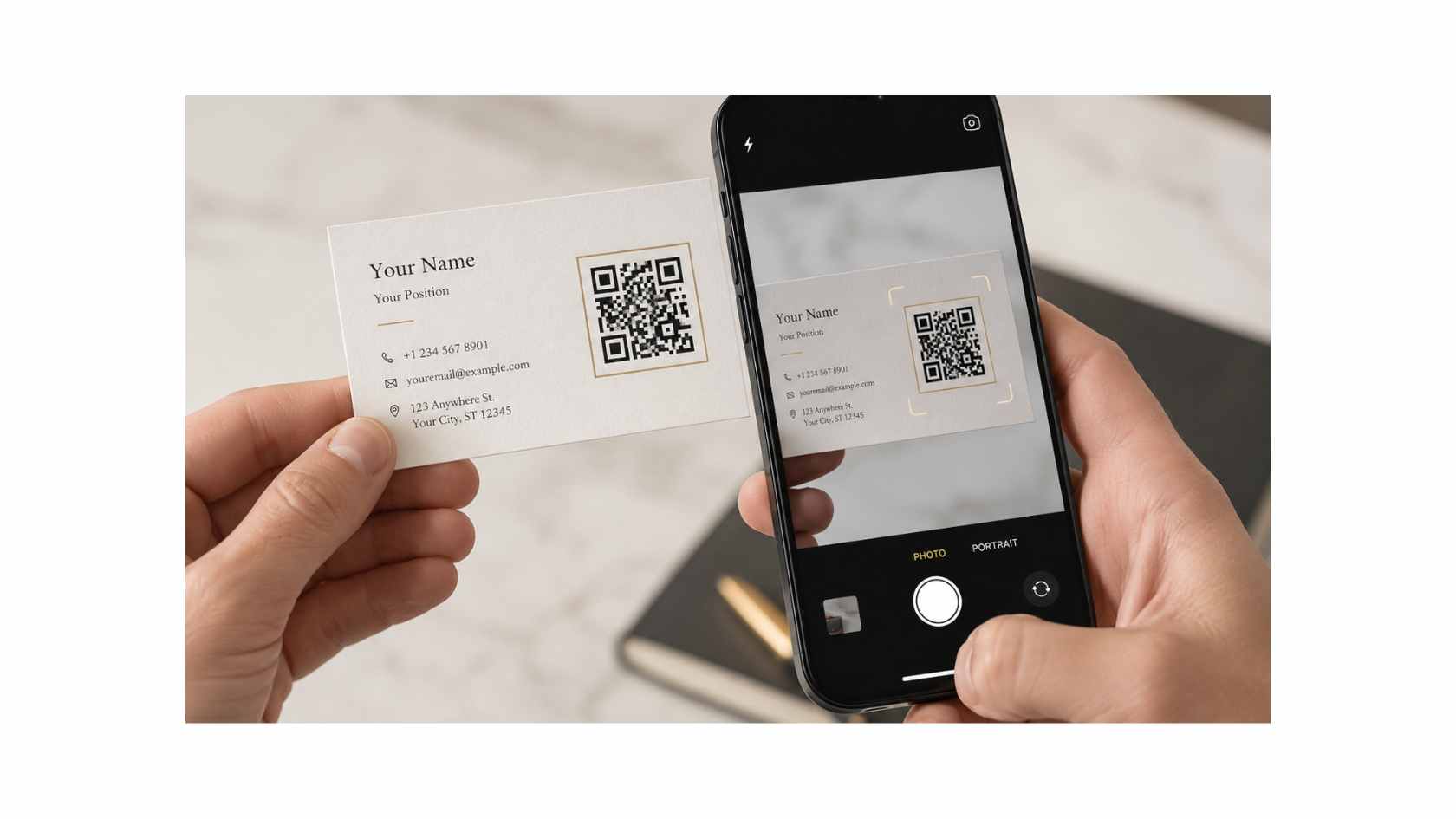 Person scanning a QR code on a business card mockup with a smartphone 