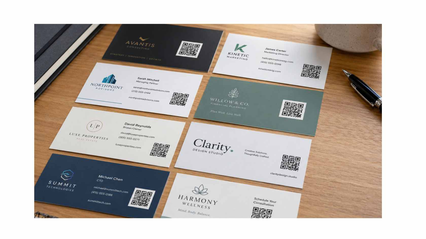 Printed business cards with QR codes laid out on a desk for review 