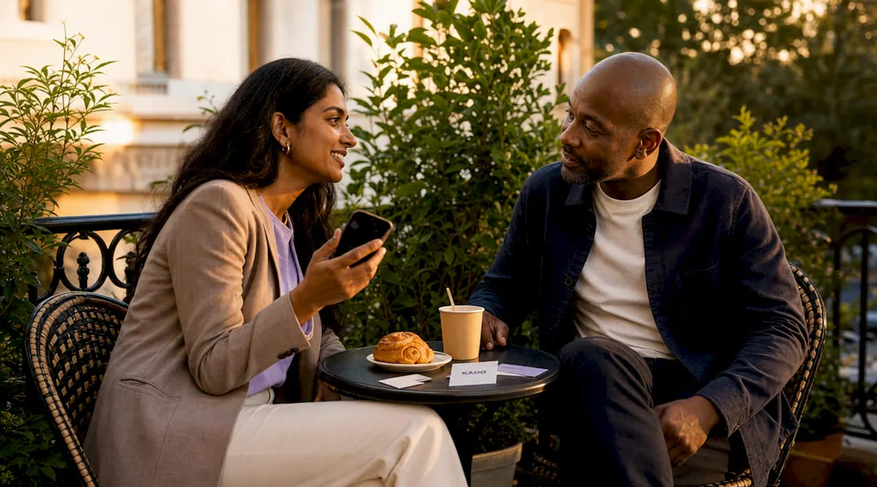 Two professionals networking in lounge setting