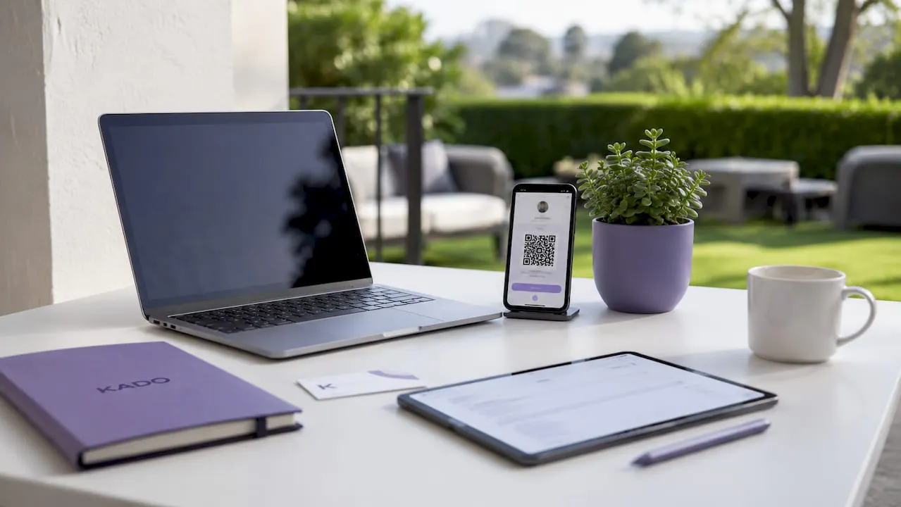 Home office desk with laptop and digital business card