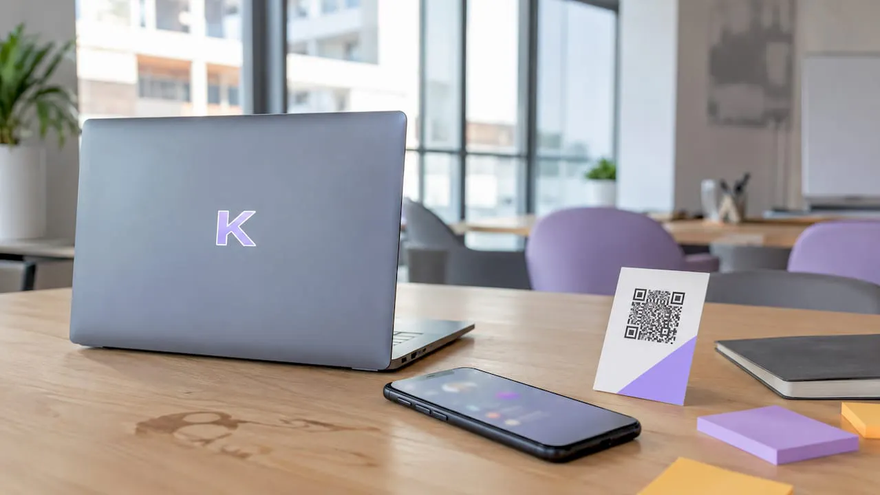 Dettaglio ravvicinato di un laptop e uno smartphone con strumenti digitali per il branding