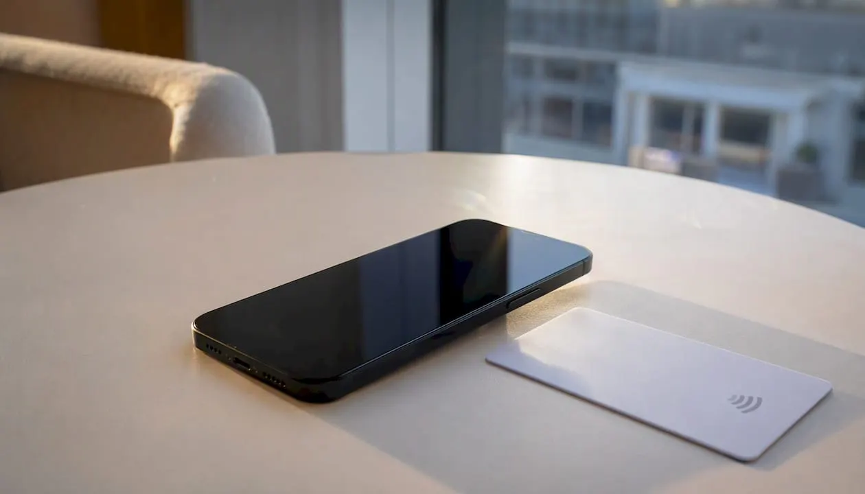 Mobile phone near NFC card on desk