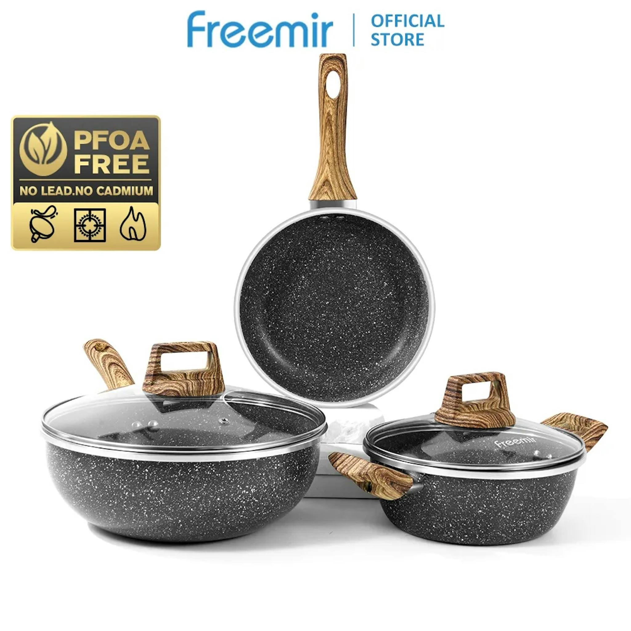 Freemir Wajan & Panci Granit Set 5 Pcs – Anti Lengket, Tutup Kaca, Gagang Kayu