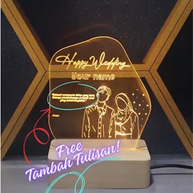 Plakat Akrilik LED Custom Nama dengan Stand Kayu