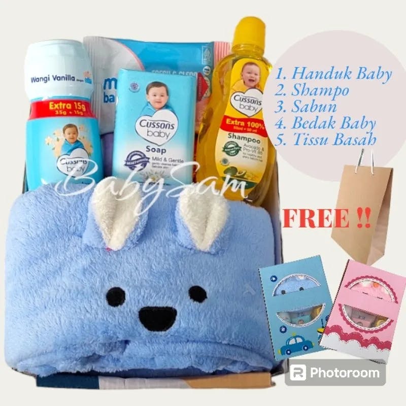 Hampers Perlengkapan Mandi Bayi lengkap dengan handuk, sabun, shampo, bedak, dan tisu basah