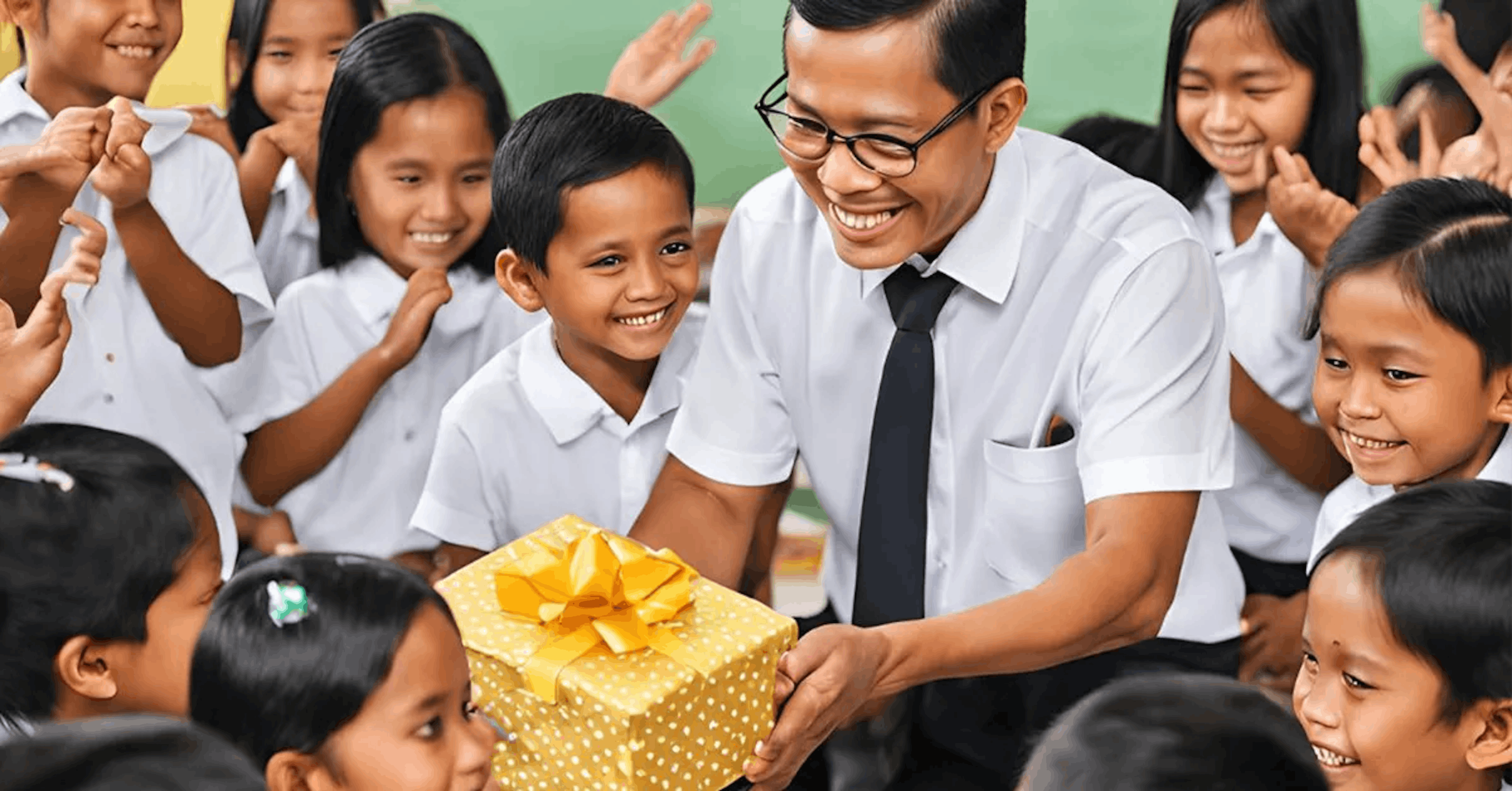 Seorang Guru Diberikan Kado Oleh Para Muridnya di Hari Guru Nasional