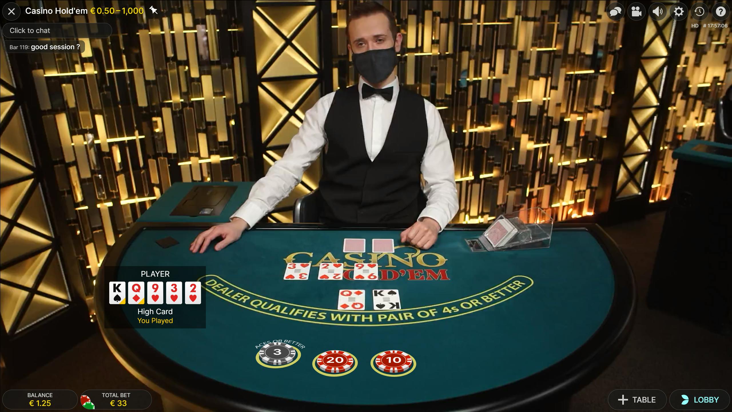 Casino Hold'Em Poker Evolution Gaming Bet with Queen and King