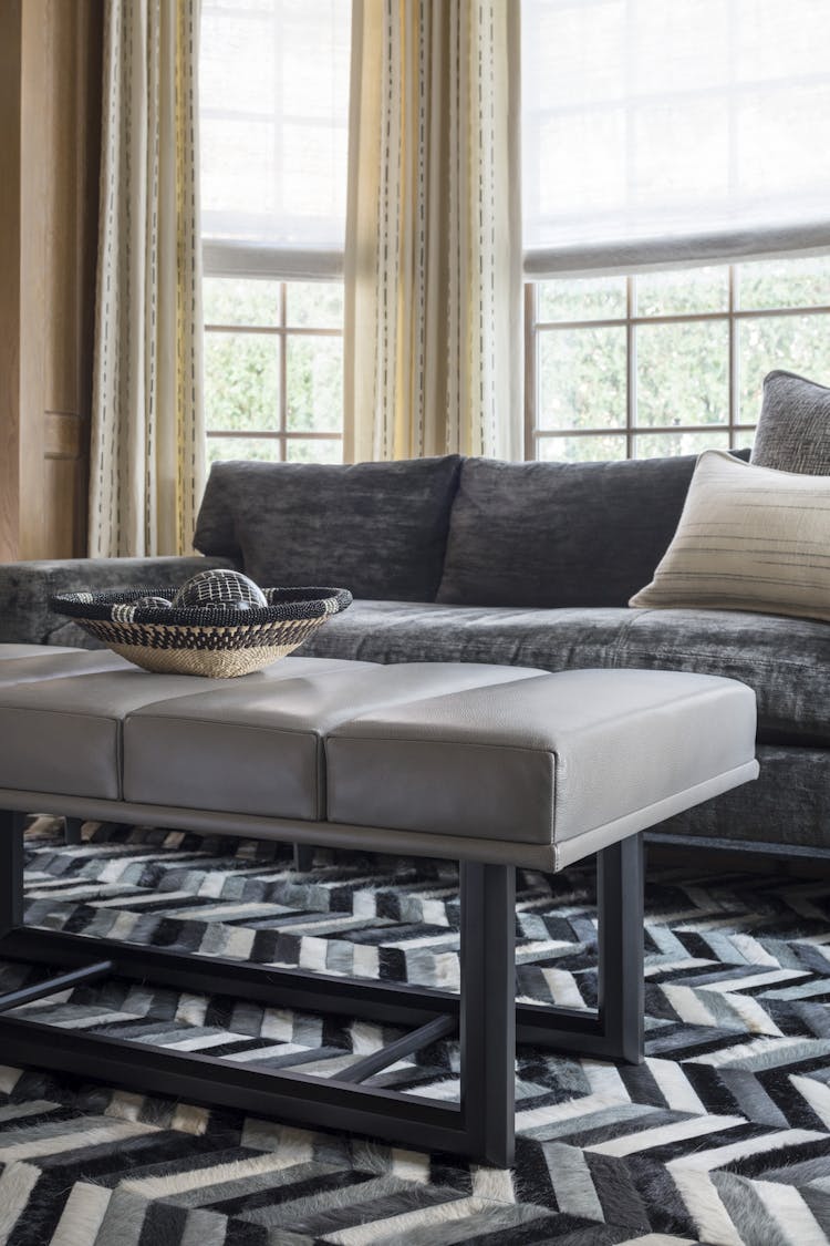 Sculptural bench with a black-and-white design in a New York study, designed by K.A. Murphy Interiors
