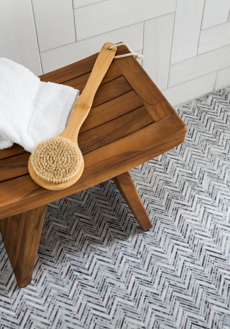 shower bench in a Long Island spa bathroom, designed by K.A. Murphy Interiors