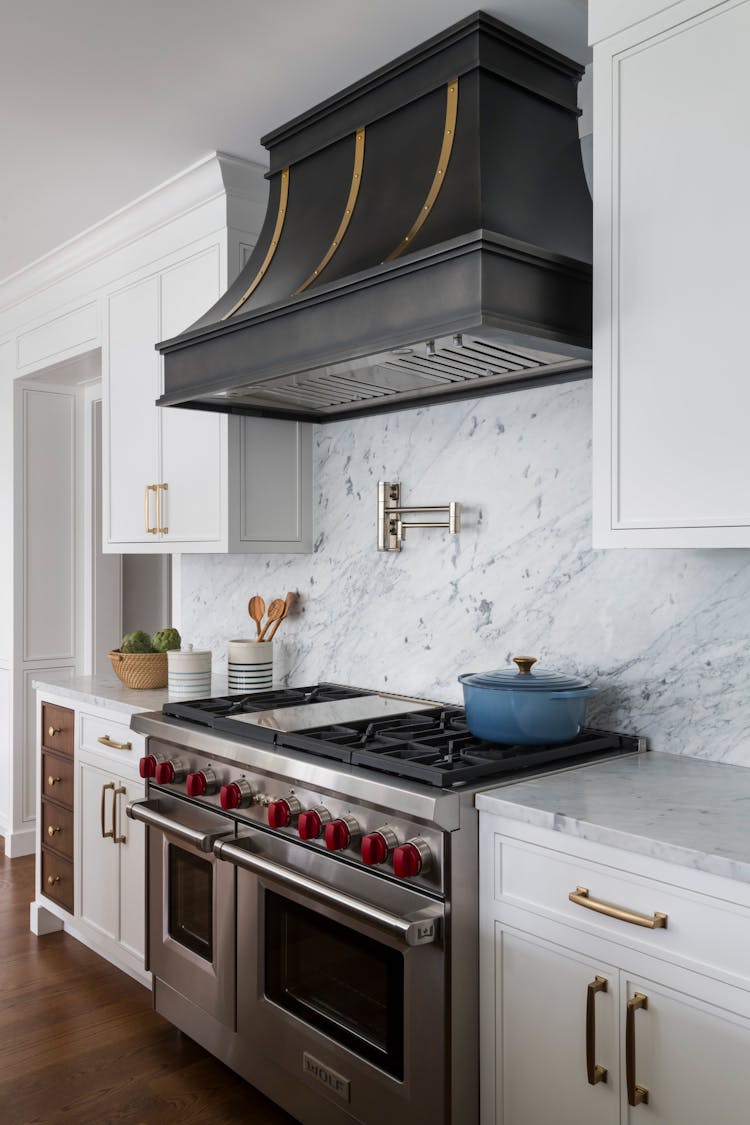 Professional-grade kitchen stove in a Long Island family home, designed by K.A. Murphy Interiors