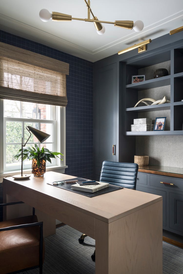 Sophisticated home office with custom built-ins in a Long Island family home, designed by K.A. Murphy Interiors