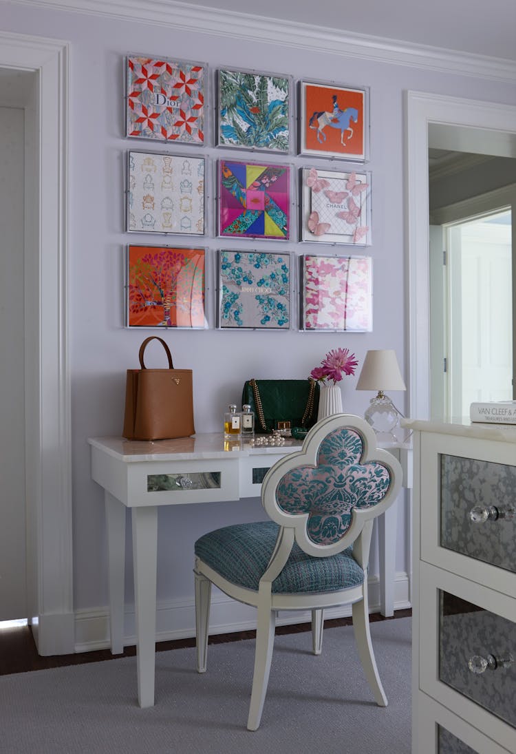 Chic closet vanity area in a Long Island Colonial Revival home, offering a blend of traditional design and modern functionality, by K.A. Murphy Interiors