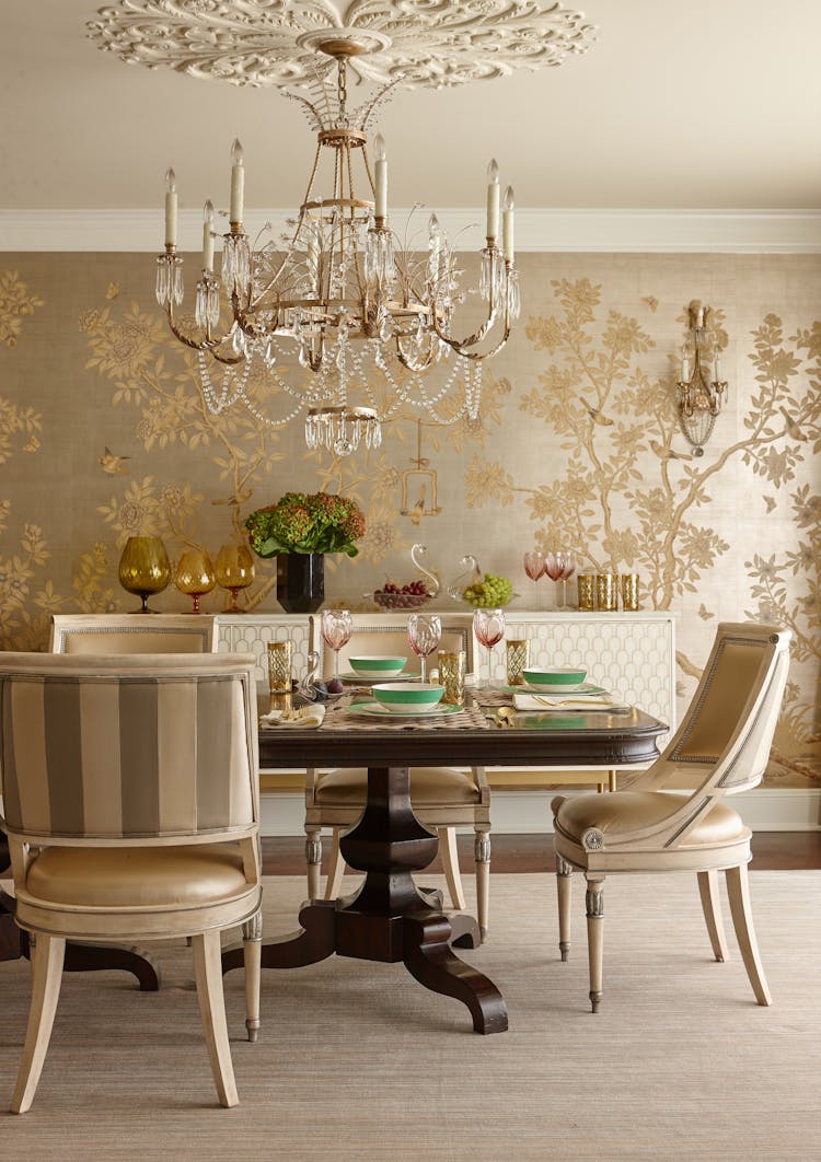 Formal dining room in a Long Island Colonial Revival home with traditional furnishings and elegant design, by K.A. Murphy Interiors