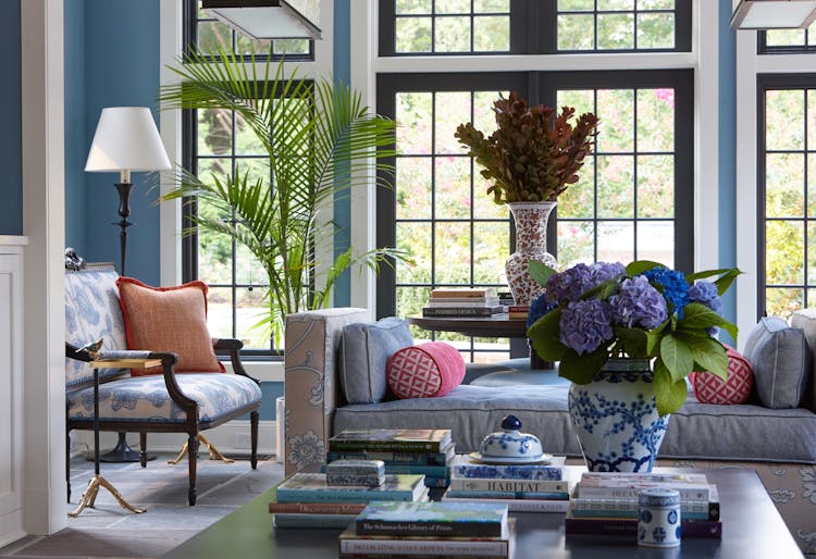 Close-up of a living room in a Long Island Colonial Revival home showcasing a blend of traditional and modern design elements, designed by K.A. Murphy Interiors