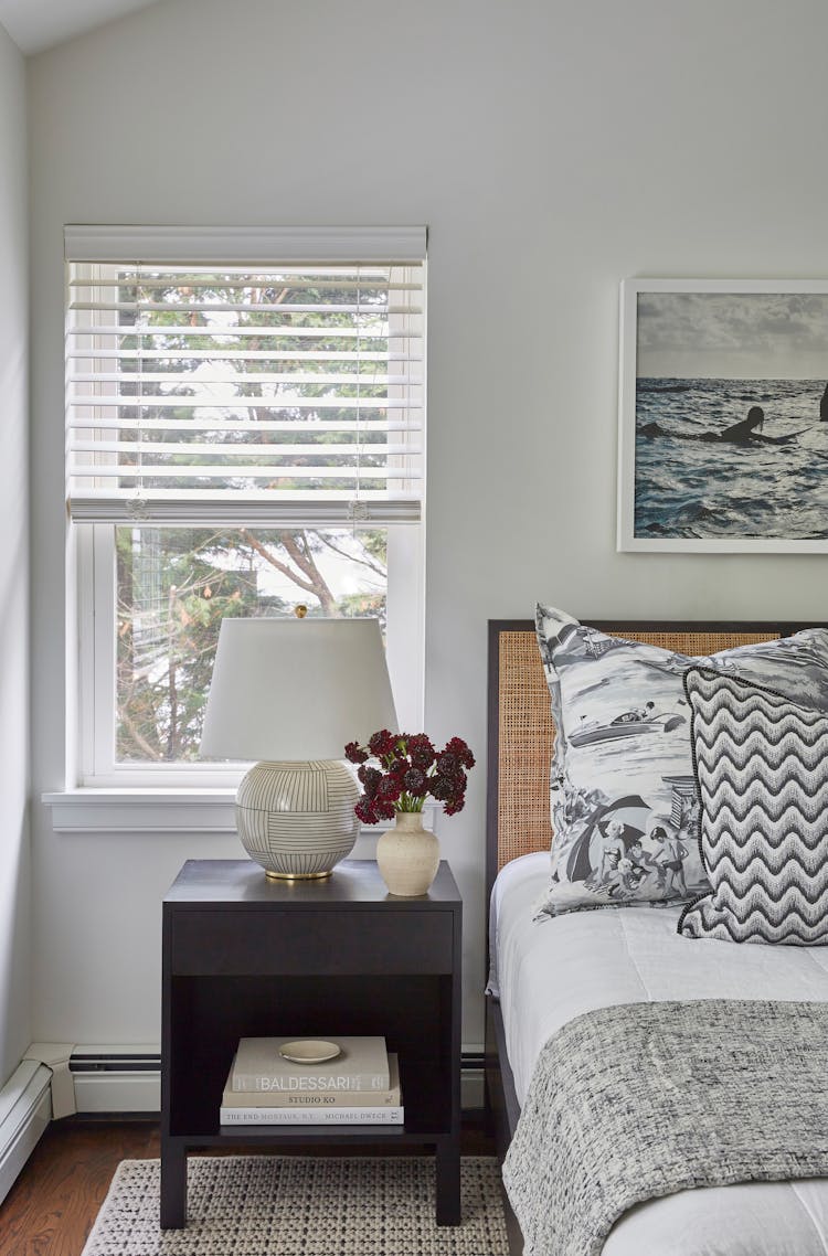 Master bedroom side table in a Montauk beach house featuring coastal decor elements, designed by K.A. Murphy Interiors