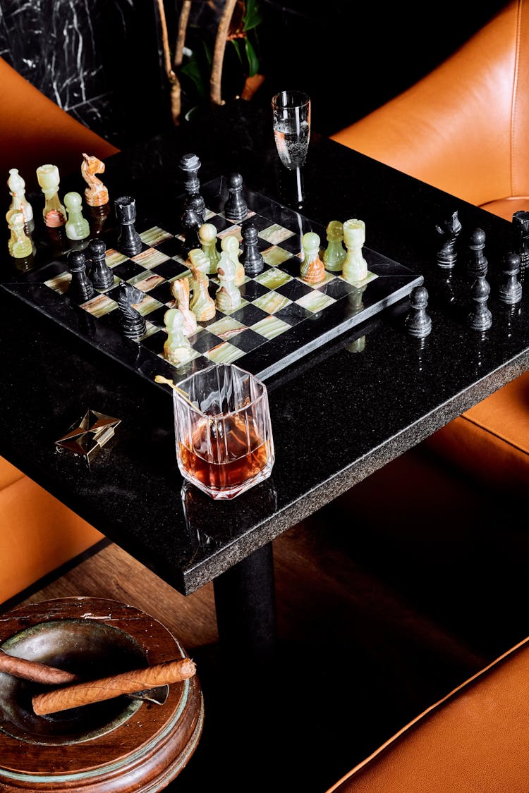 Chess set on a table in a Lower Manhattan gentleman’s lounge, designed by K.A. Murphy Interiors