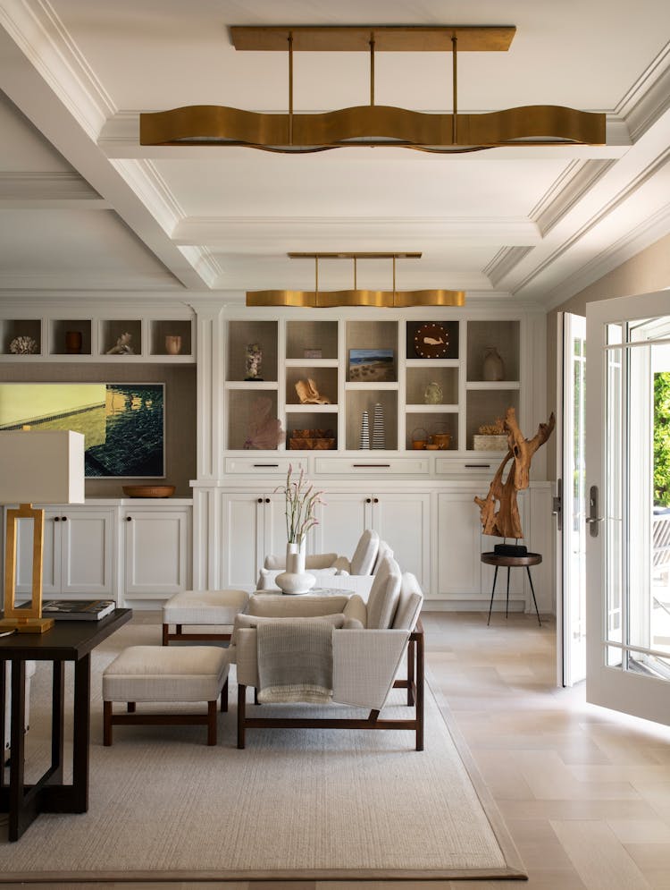 Inviting family room in a Long Island coastal luxury home featuring comfortable seating and relaxed decor, designed by K.A. Murphy Interiors