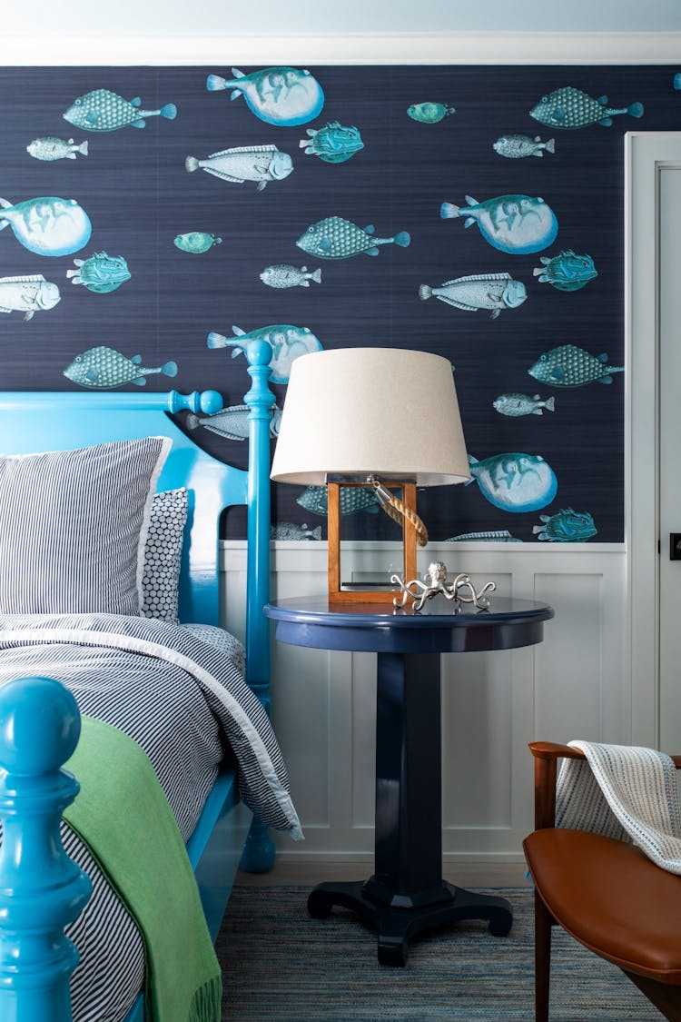 Nautical guest bedroom in a Long Island coastal retreat offering a welcoming atmosphere by K.A. Murphy Interiors