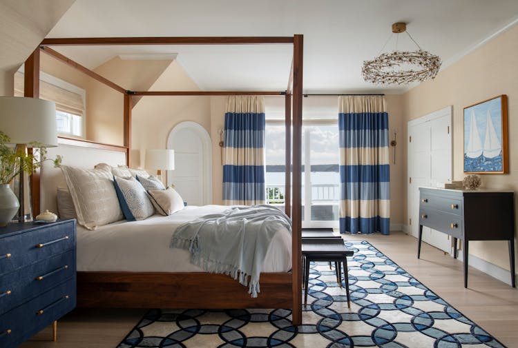 Serene master bedroom in a Long Island coastal home with tranquil accents, designed by K.A. Murphy Interiors
