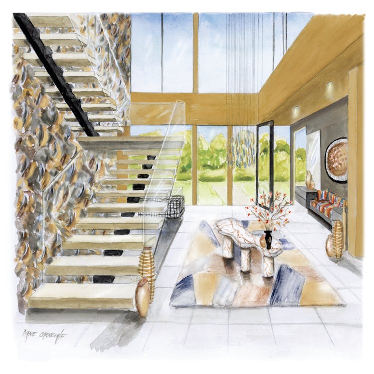 Watercolor painting of elegant foyer in a Hamptons show house, featuring earthen tones and layered textures, designed by K.A. Murphy Interiors