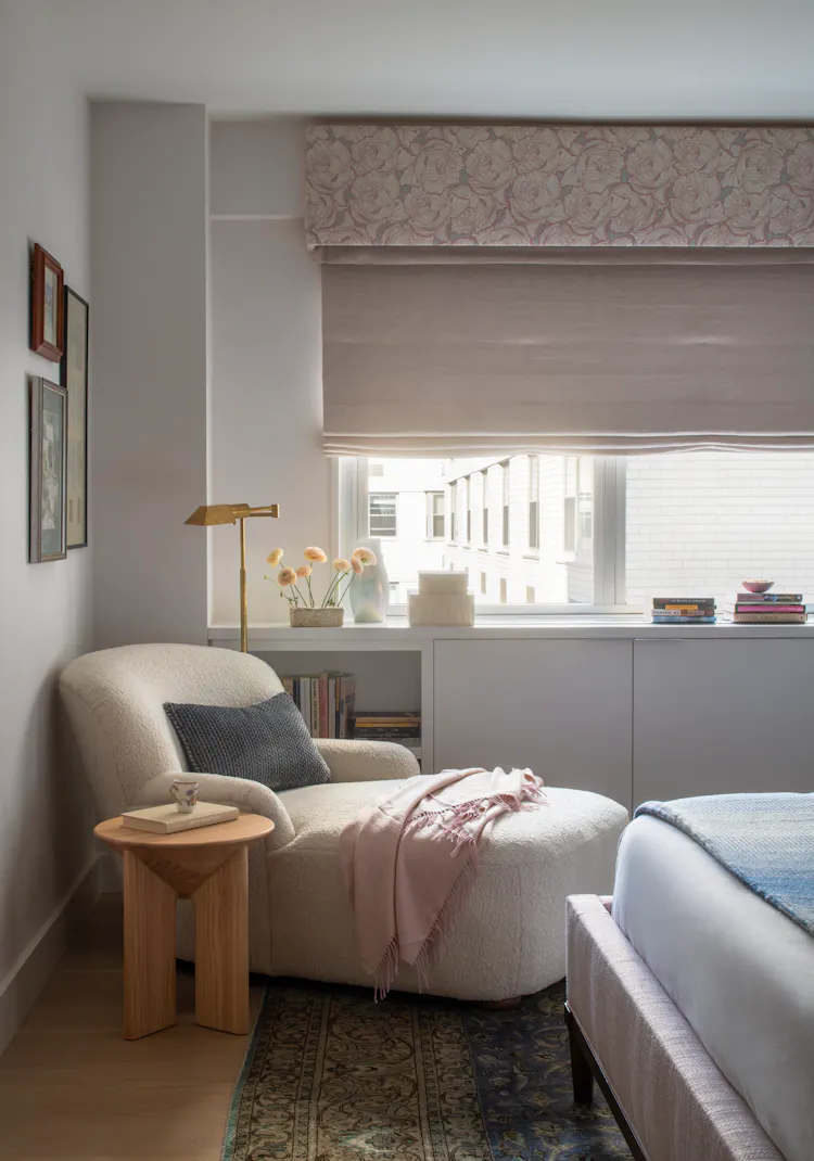 Primary bedroom reading nook with a chaise lounge, custom millwork, and soft layered textiles by K.A. Murphy Interiors.