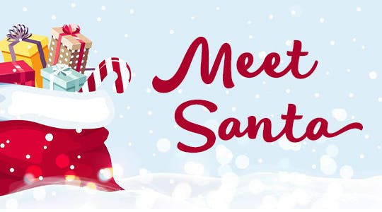Meet Santa overlaid on a light blue background with a stocking full of presents.