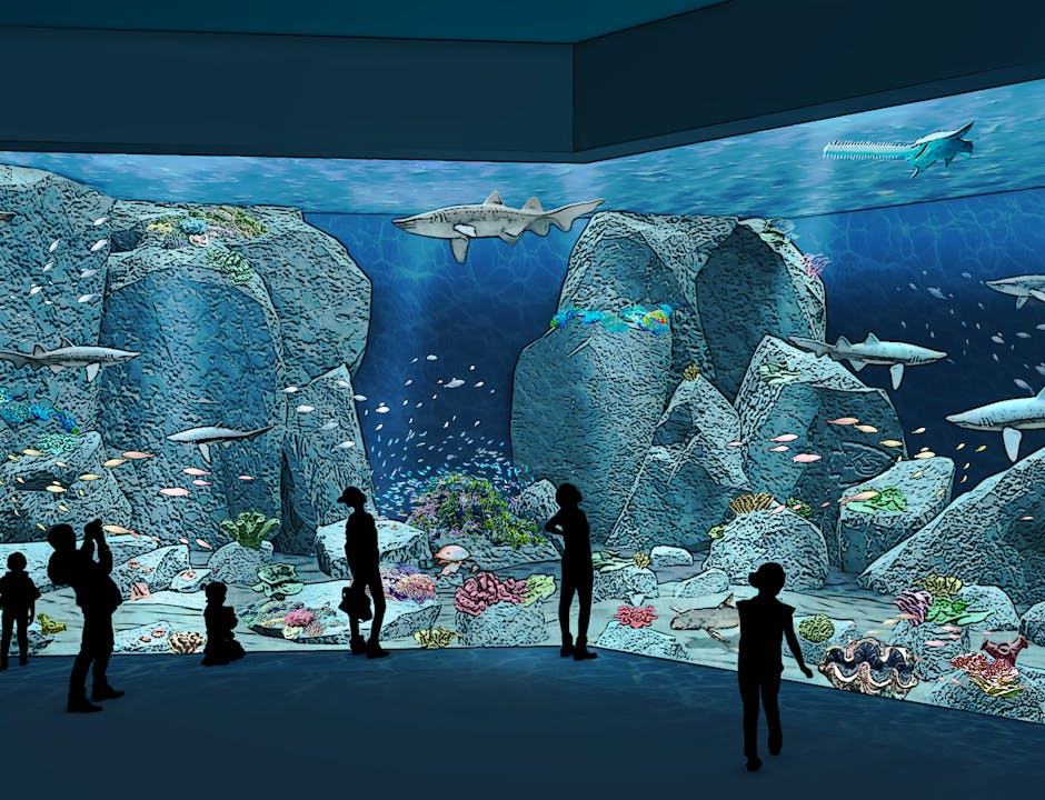 Artist's rendering of a large aquarium tank with sharks and coral