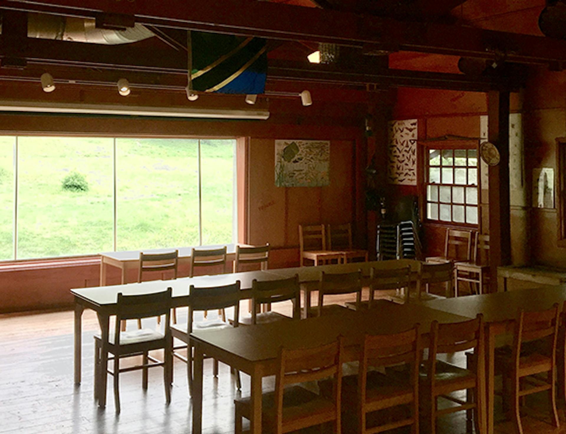 room set up with five tables classroom style and a view of the chimpanzee exhibit at the front