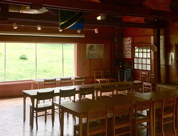 room set up with five tables classroom style and a view of the chimpanzee exhibit at the front