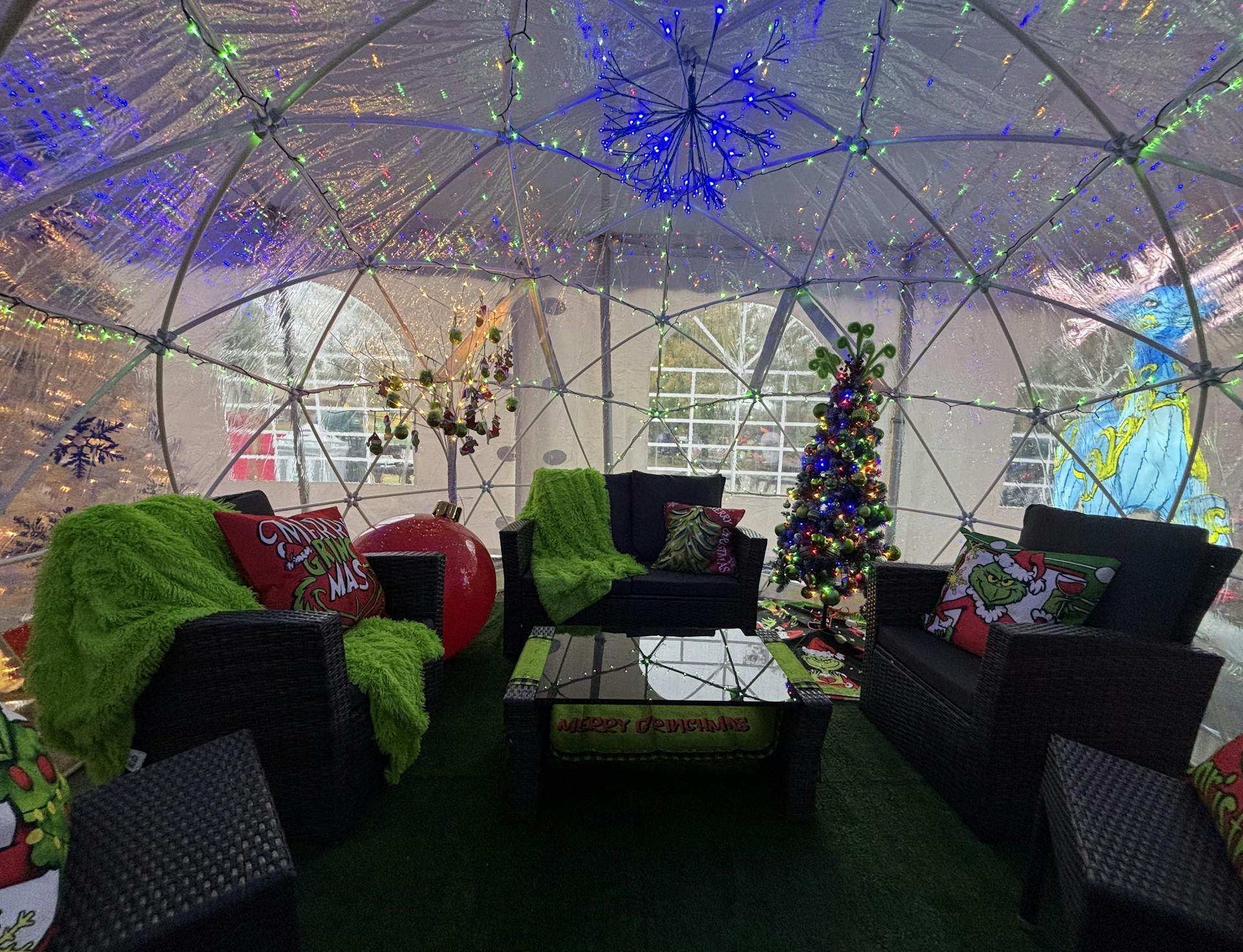A photo of an enclosed plastic igloo with grinch related memorabilia inside.