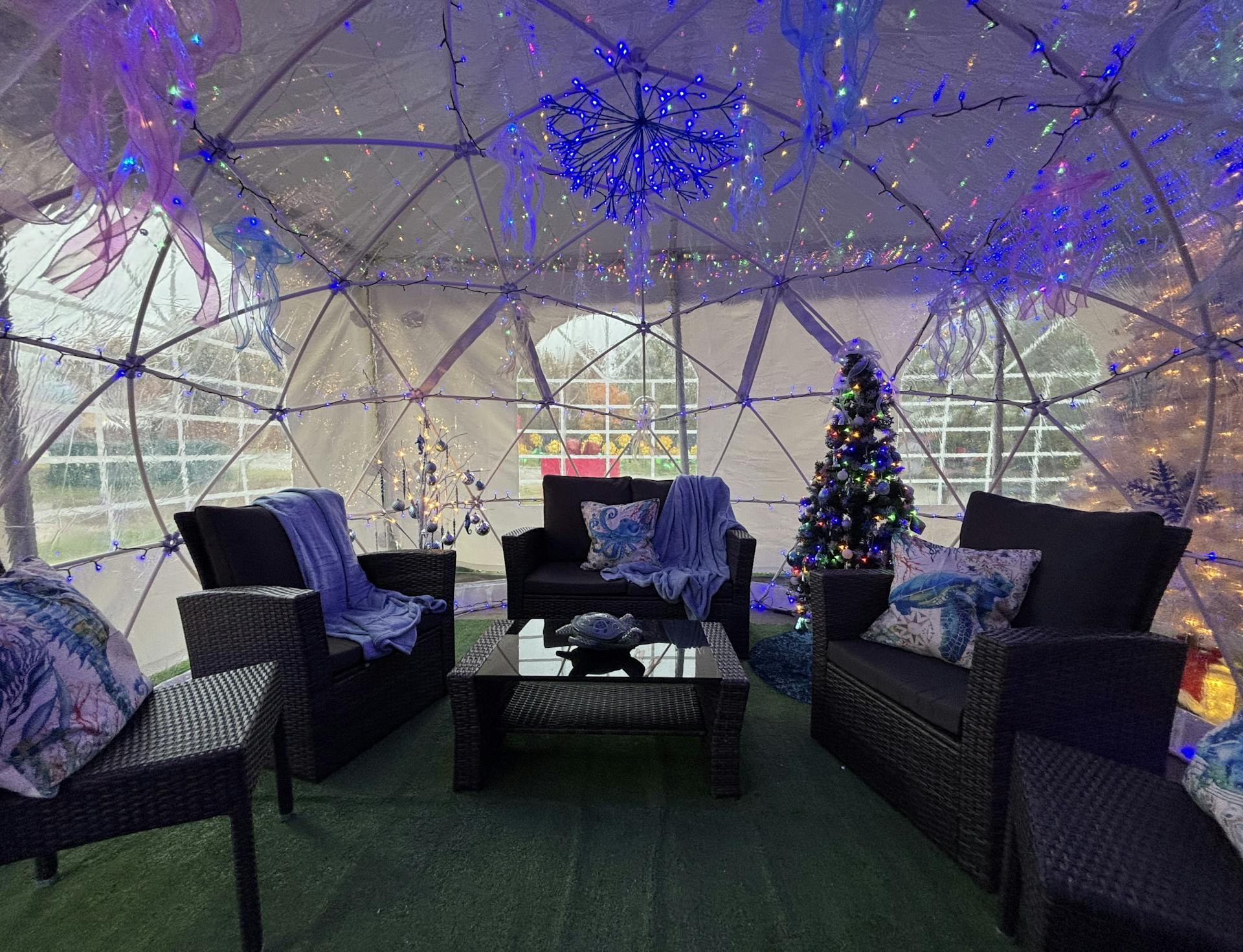 A photo of an enclosed plastic igloo with under the sea memorabilia inside.