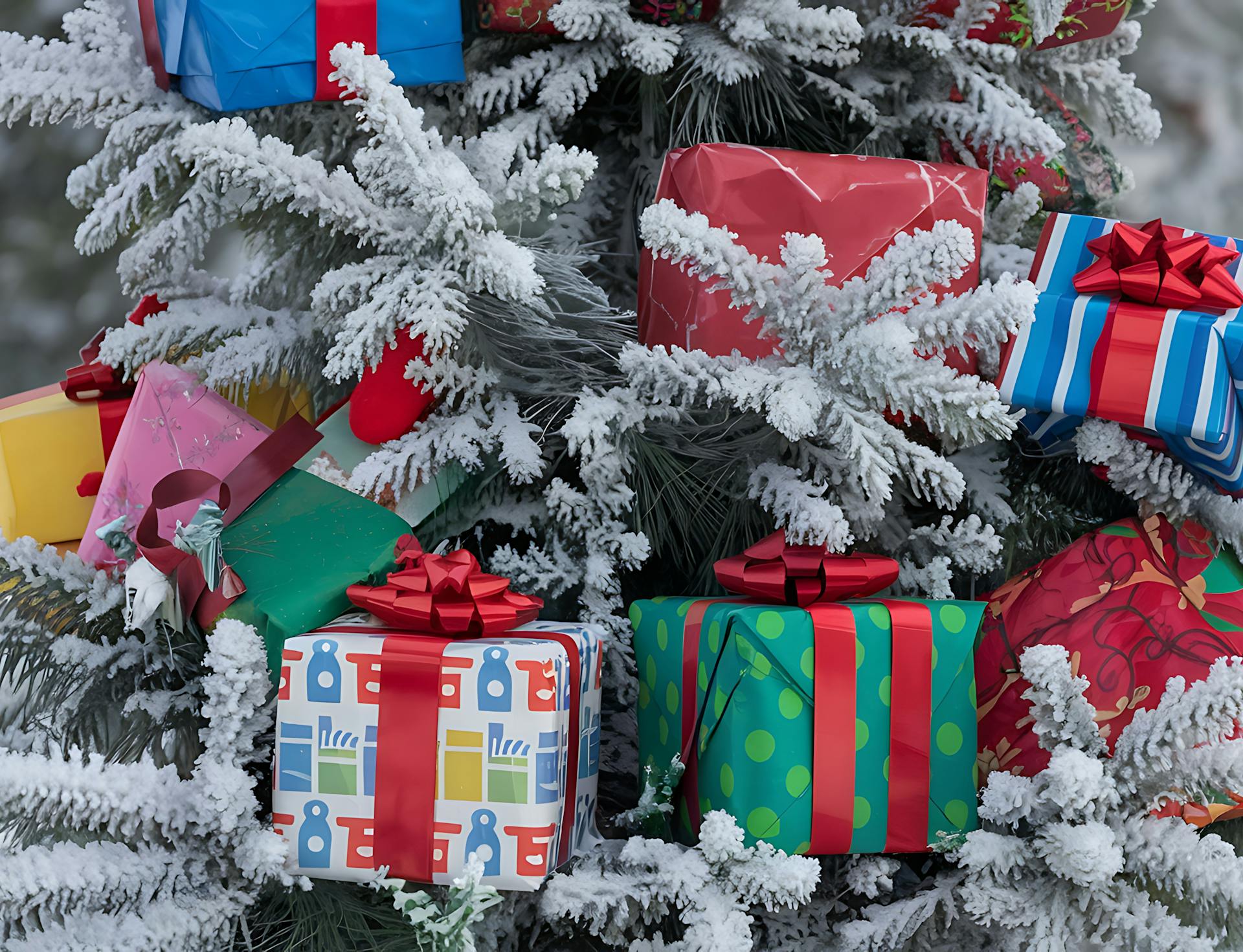 A photo of a tree with snow and presents.