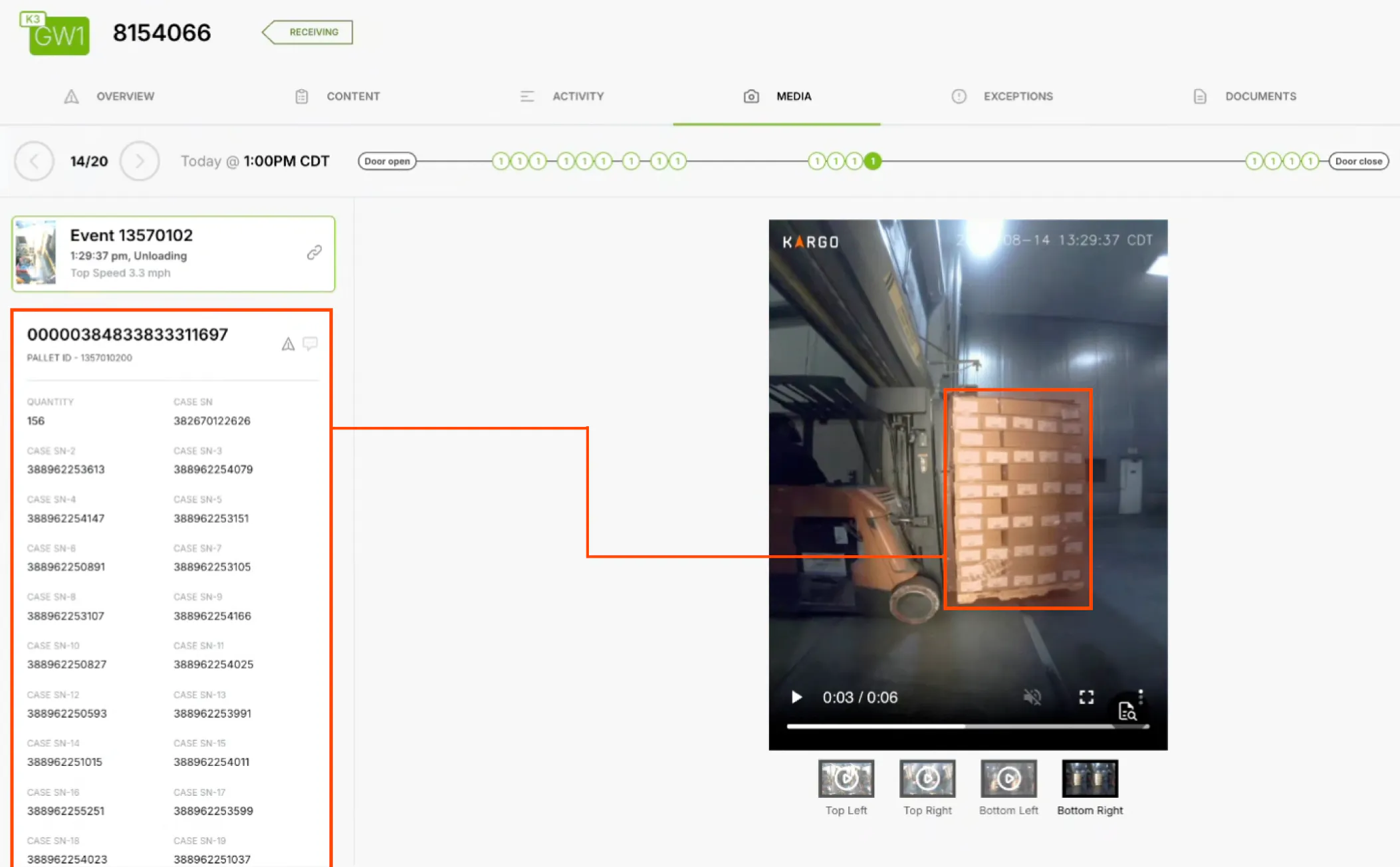 This image details Kargo extracting case level and pallet level information from pallet barcodes/labels and importing into the Kargo platform as well as the WMS