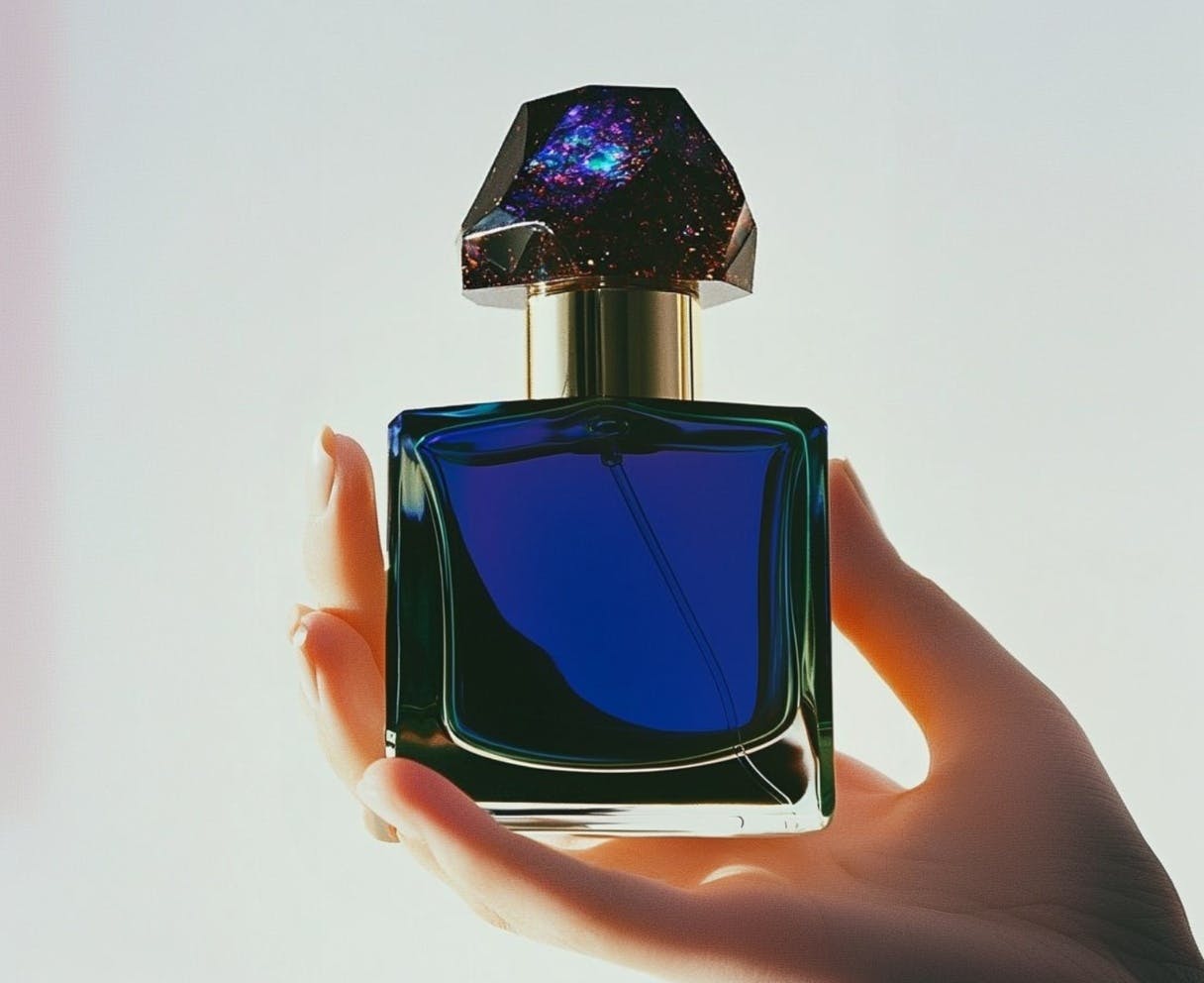 blue perfume bottle with sparkling crystal cap