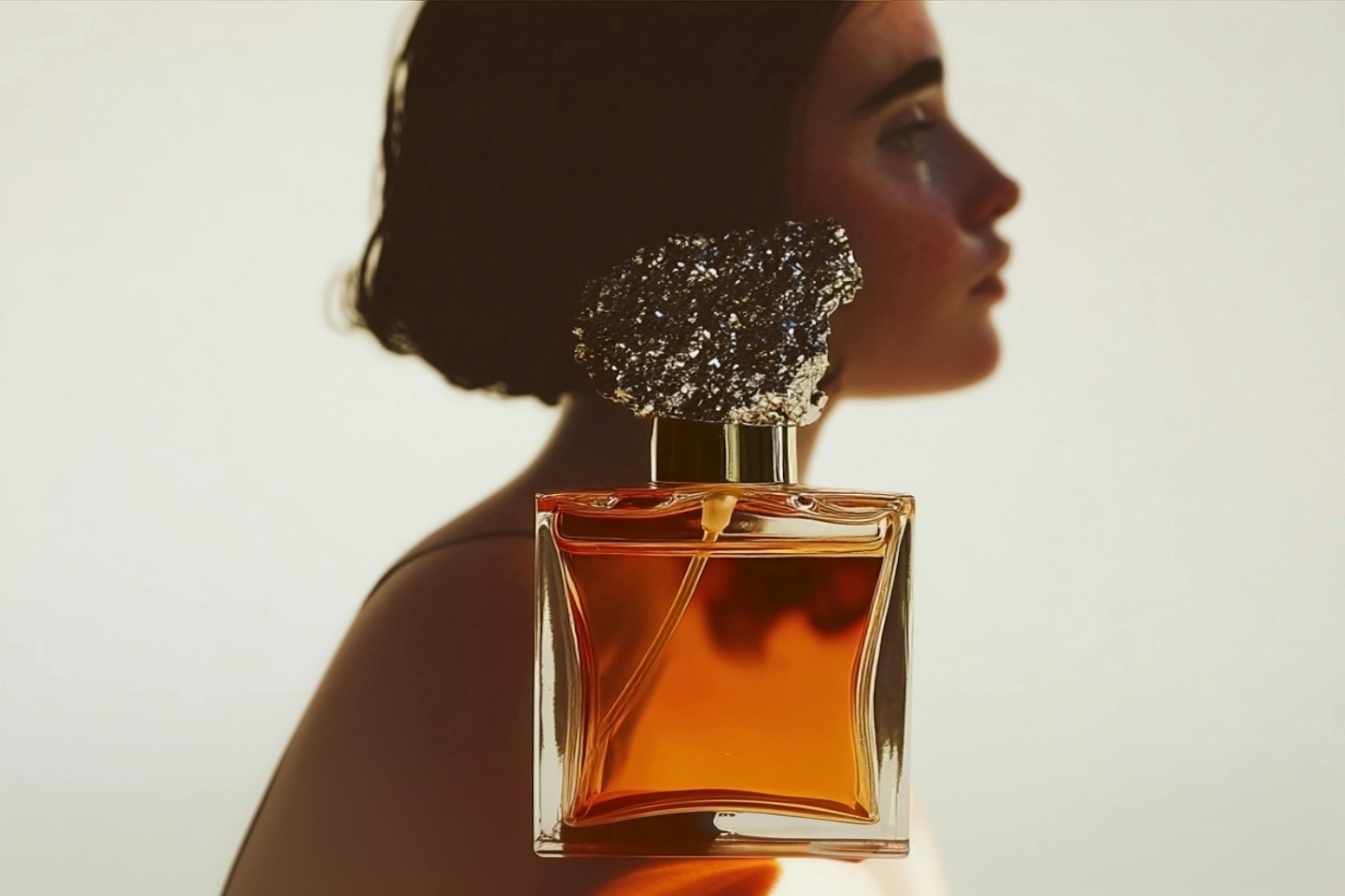 girl and the perfume bottle in front of her