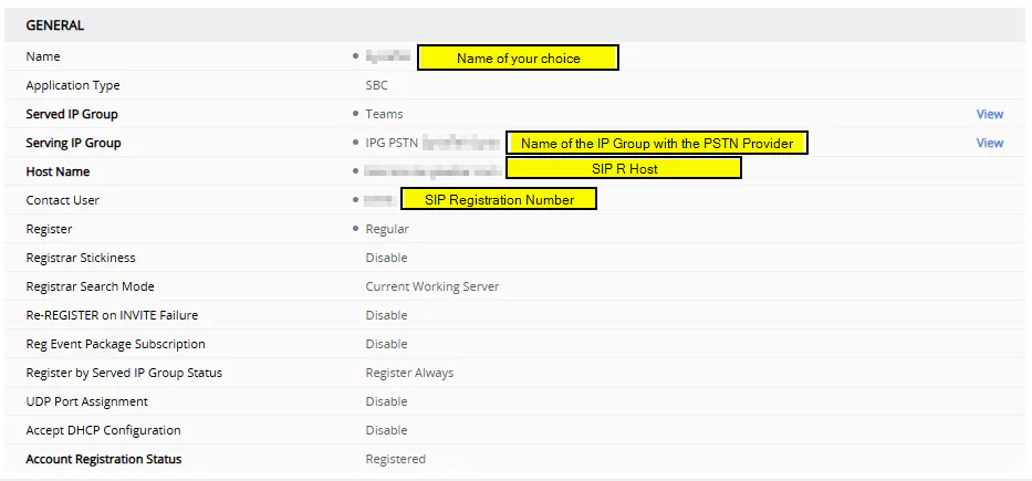 Accounts view in AudioCodes SBC