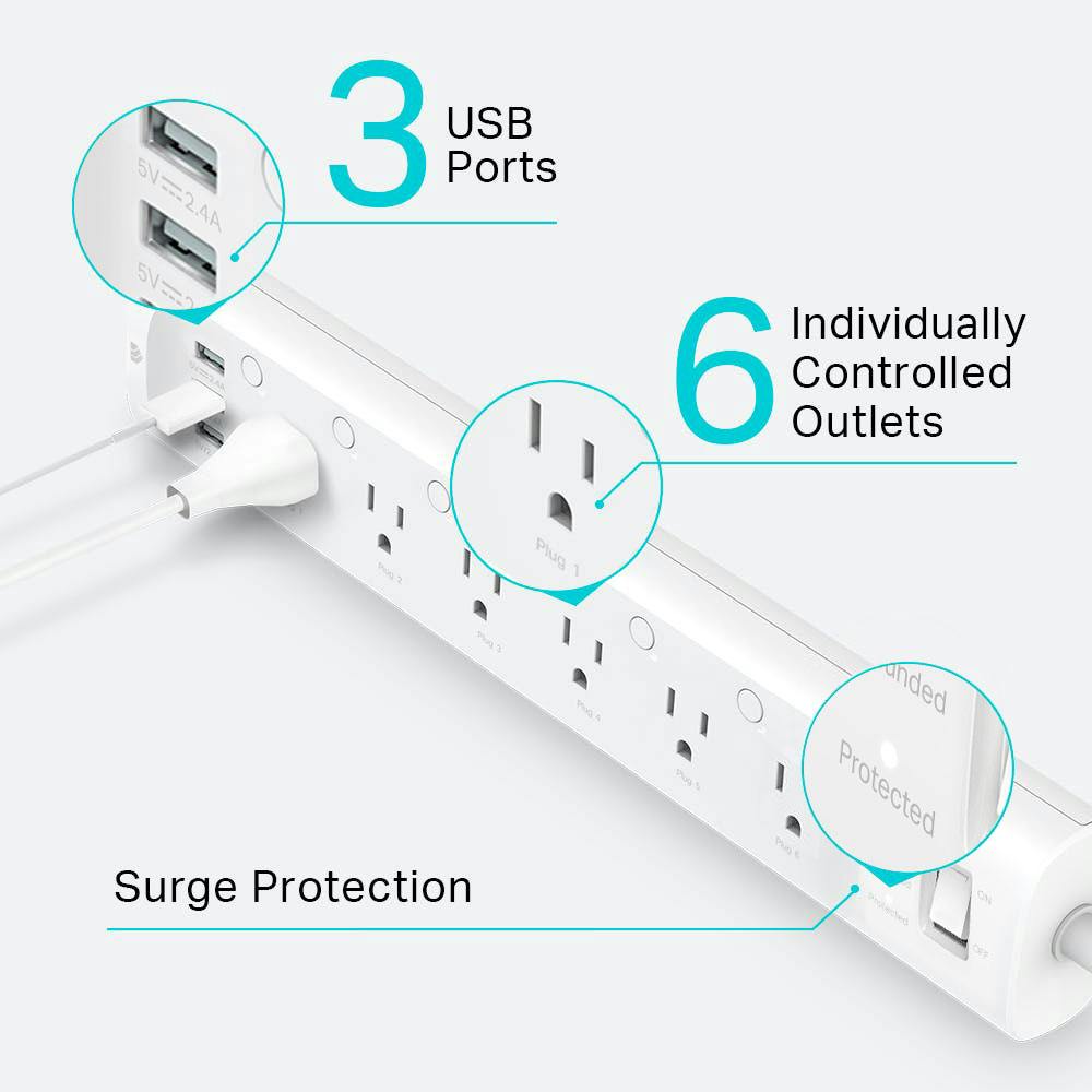 TP Link Kasa Smart HS300 Kasa Smart Plug Power Strip Surge Protector with 6  Individually Controlled Smart Outlets and 3 USB Ports Works with Alexa  Google Home No Hub Required - Office Depot