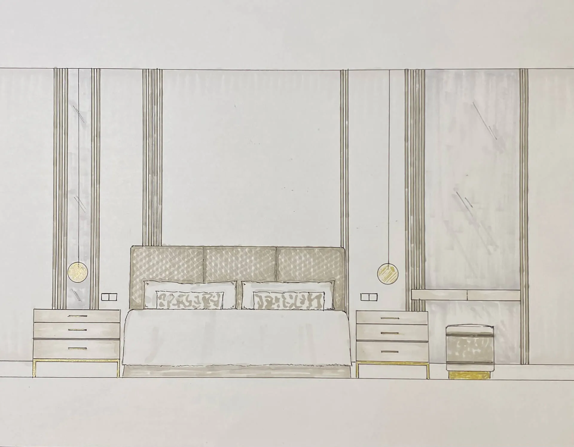 Boceto a mano de un dormitorio del proyecto de decoración en La Moraleja