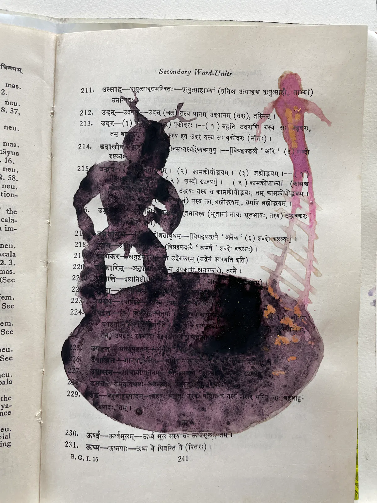 Dark arena. Oak gall ink on book page. 20 x 13 cm. August 2024
