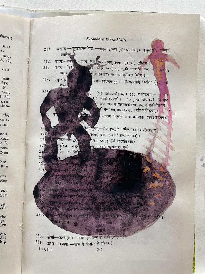 Dark arena. Oak gall ink on book page. 20 x 13 cm. August 2024