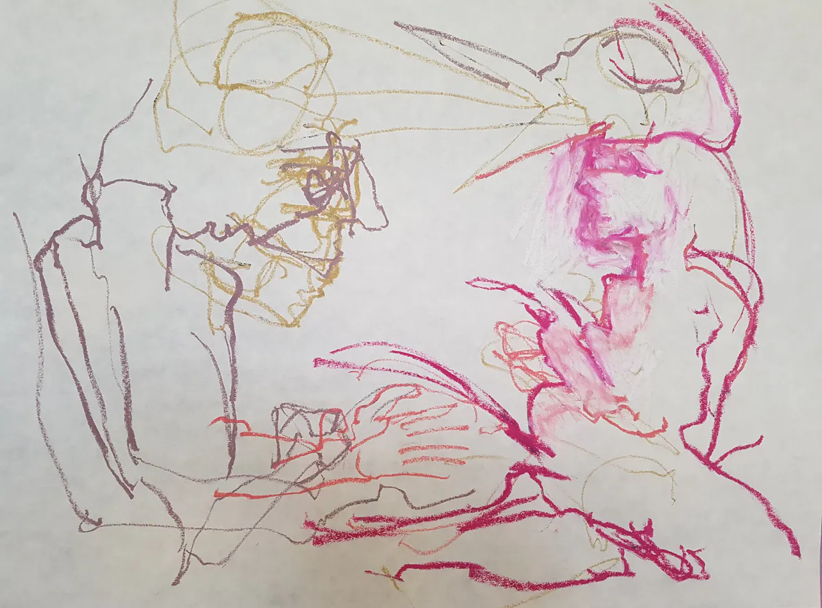 The Song of the Navel draws him in. Drawing, oil pastel on sumi-e paper. 50 x 65 cm April 2021