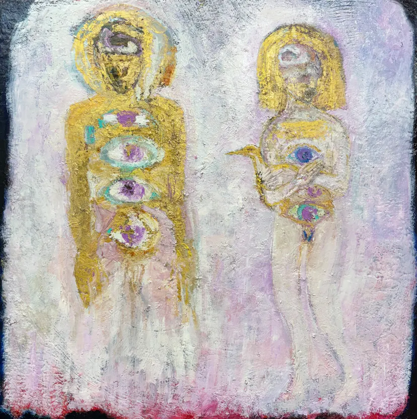 Closer to Light. 120 x 120 cm. Oil and oil stick on hessian on wooden panel. 2025