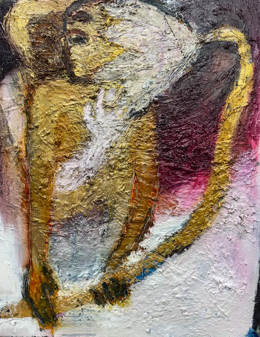 Flower exhales Man beloved by Angel. Oil on linen. 44 x 35 cm 2025