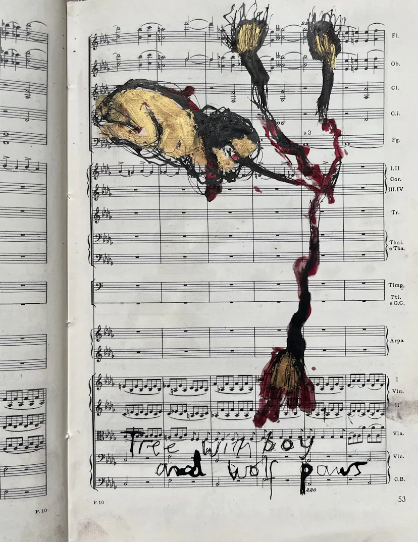 Tree with boy and wolf paws. Fantasy Overture book.